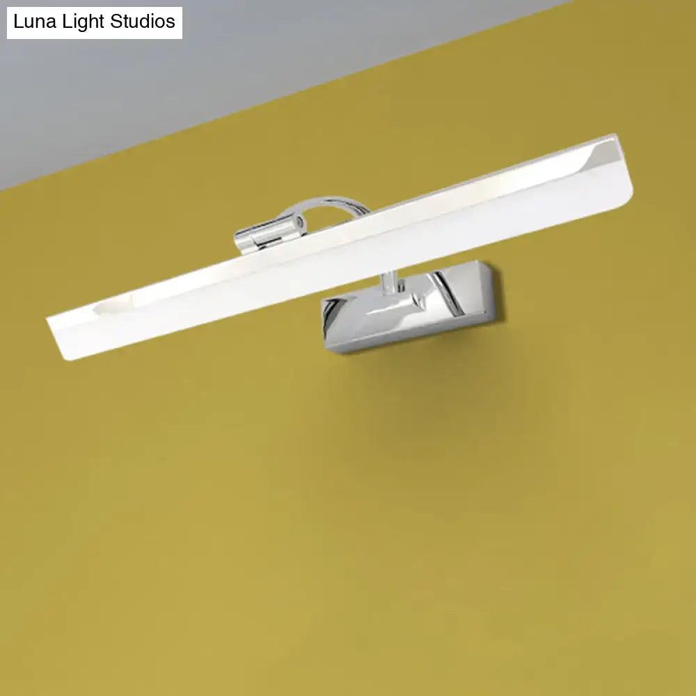 Modern nickel finish rectangular led vanity light with chrome finish and sleek white diffuser emitting warm white light