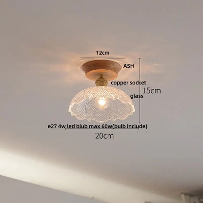 Modern nordic ceiling lamp with decorbites clear glass led shade featuring scalloped edge on ash wood base and copper socket