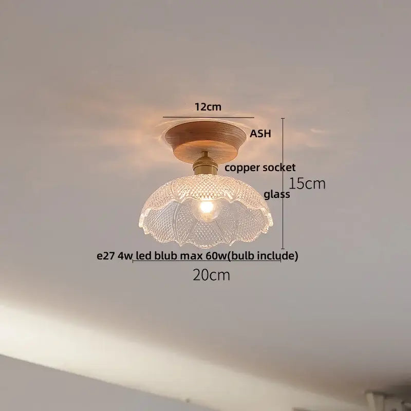 Modern nordic ceiling lamp with decorbites clear glass led shade featuring scalloped edge on ash wood base and copper socket