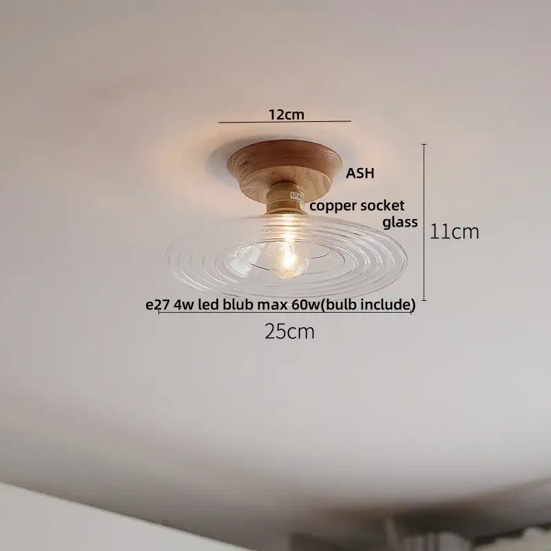 Modern nordic ceiling lamp with natural ash wood base and decorbites clear glass led shade featuring circular ridges