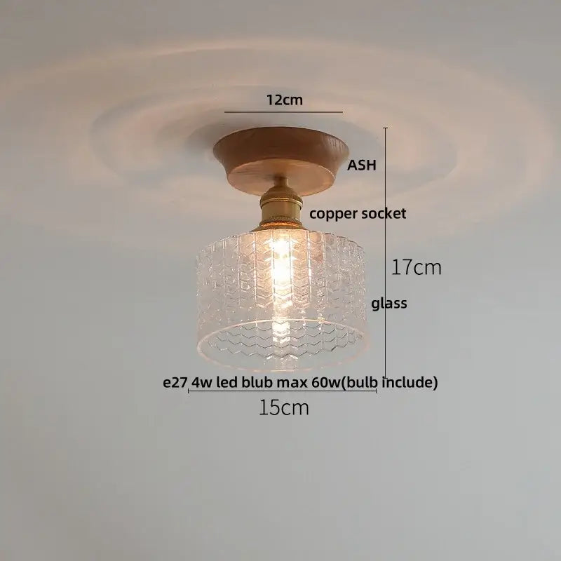 Modern nordic ceiling lamp with warm wooden base, brass copper socket, and decorbites clear glass led honeycomb shade
