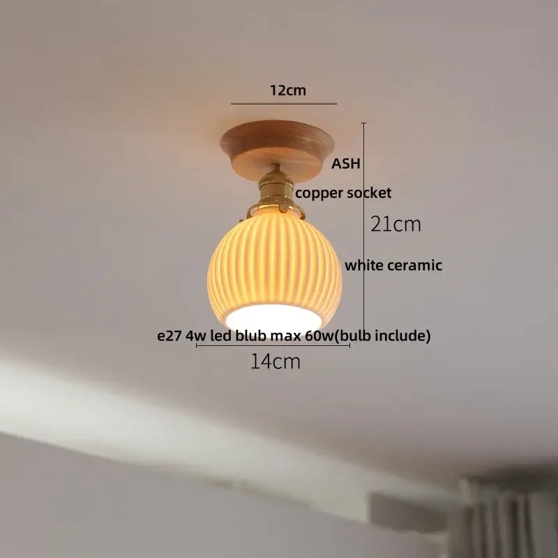 A warm-toned white ribbed ceramic ceiling lamp with copper socket and ash wood mount for modern nordic decorbites clear glass led