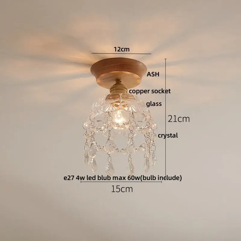 Modern nordic ceiling lamp with warm wood base and copper socket featuring decorbites clear glass led crystals