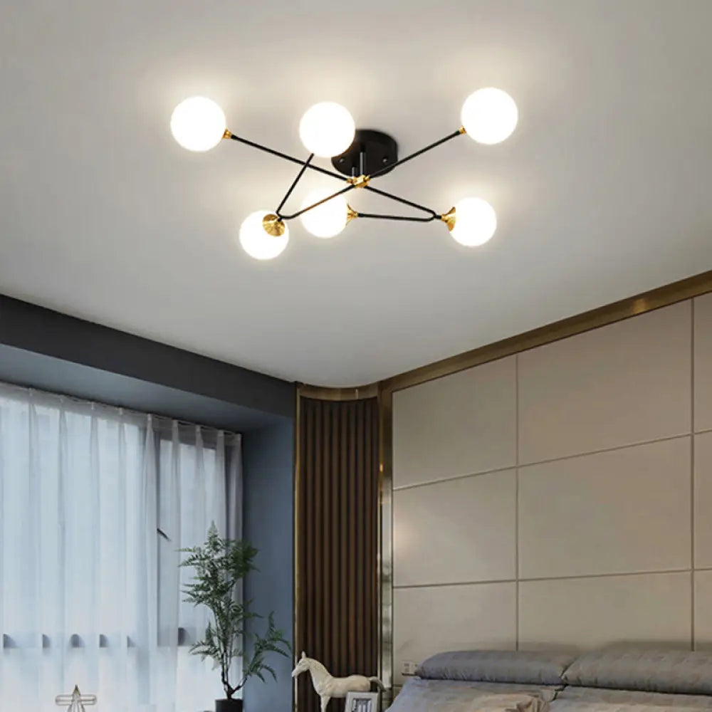 DecorBites™ DecorBites™ Modern Nordic Black-Brass Semi Flush Mount Chandelier for Bedroom Lighting with Milky Glass Ball