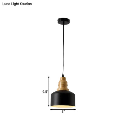 Modern Nordic Black Drum Hanging Pendant Lamp with Wooden Top - 1 Bulb Iron Ceiling Lighting