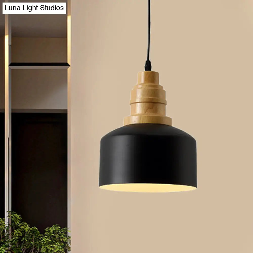 Modern Nordic Black Drum Hanging Pendant Lamp with Wooden Top - 1 Bulb Iron Ceiling Lighting