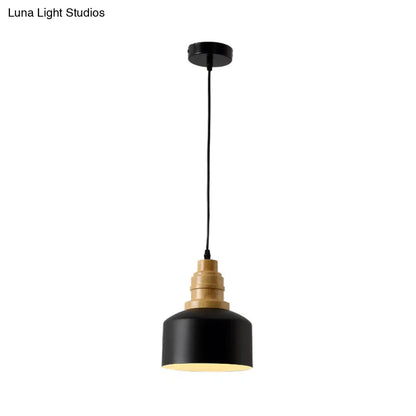 Modern Nordic Black Drum Hanging Pendant Lamp with Wooden Top - 1 Bulb Iron Ceiling Lighting