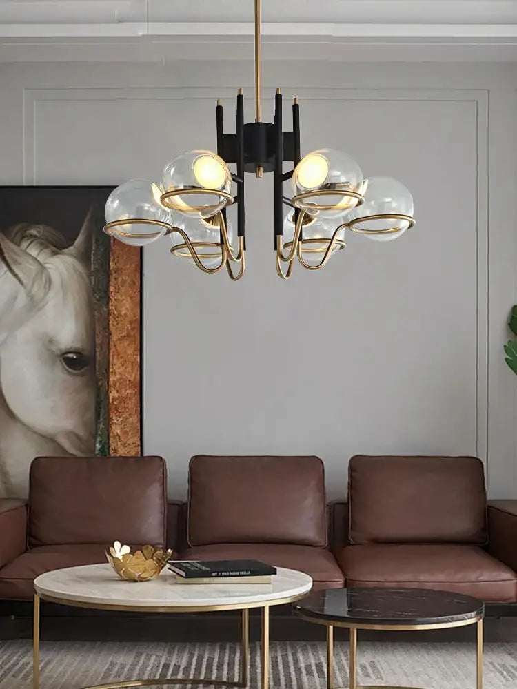 Modern nordic black and gold decorbites pendant light with black frame and clear glass ball shades