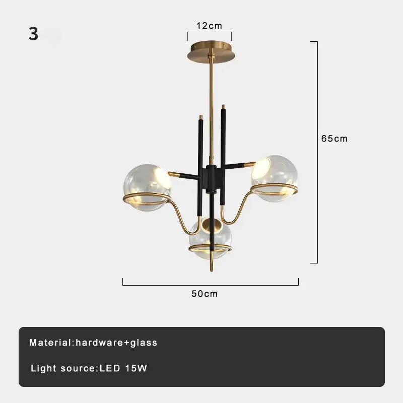 Modern nordic black and gold pendant light with three decorbites clear glass ball shades for elegant lighting
