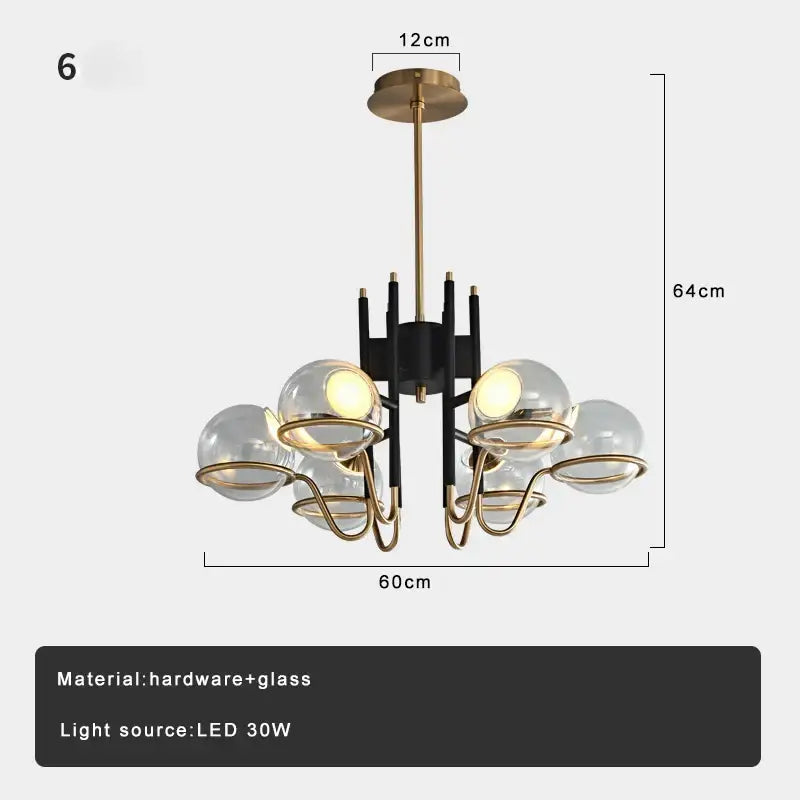 Modern nordic black and gold decorbites clear glass pendant light with five clear glass ball shades and metal arms