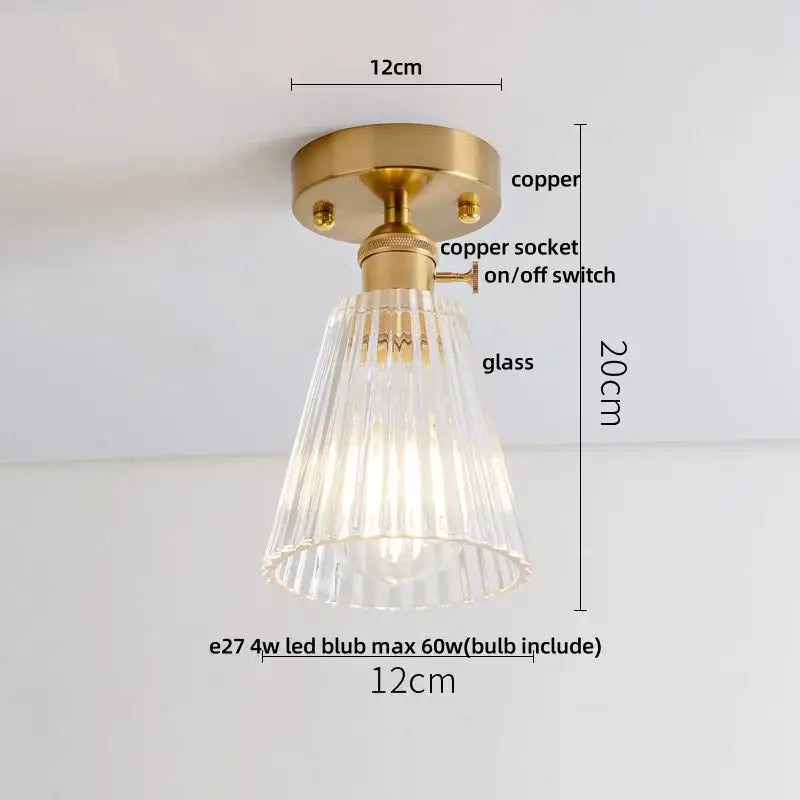 Modern nordic brass bedroom ceiling light with diamond glass led fluted shade and copper-finished base