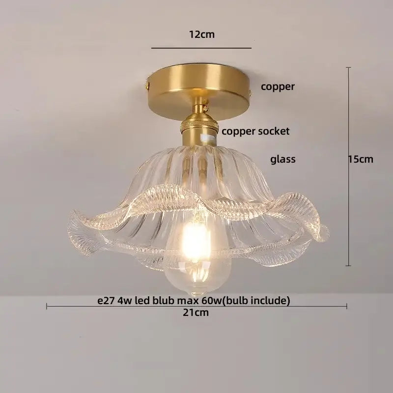 Modern nordic brass and diamond glass led ceiling light with clear fluted glass and brass copper hardware for bedroom use
