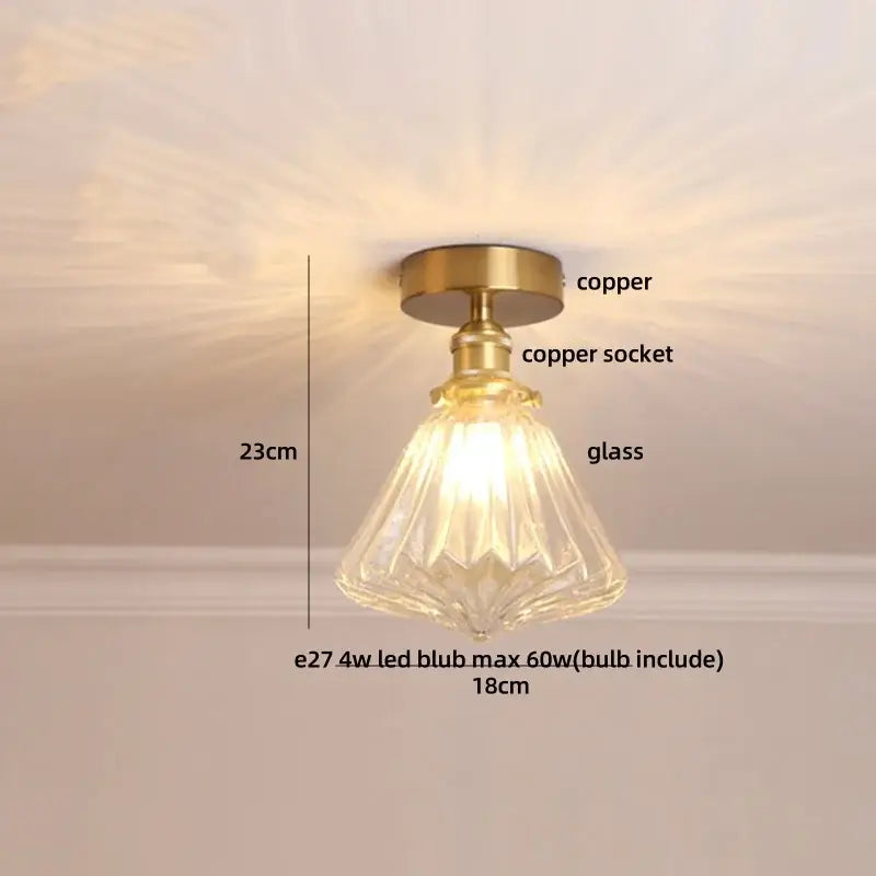 Modern nordic brass led ceiling light with diamond glass shade and warm illumination for bedroom use