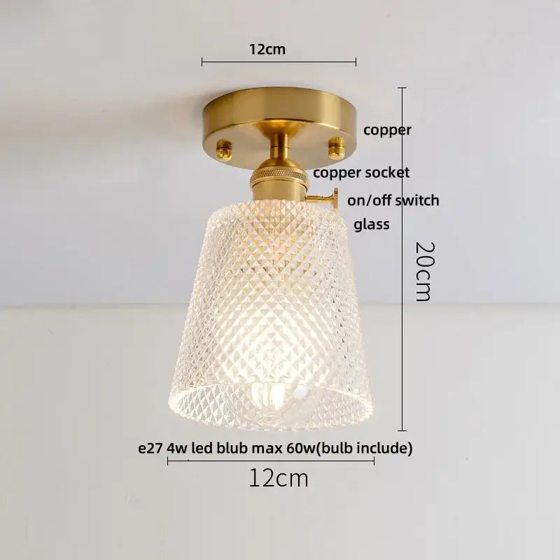 Modern Nordic brass ceiling light with diamond glass led shade featuring textured clear glass for bedroom use