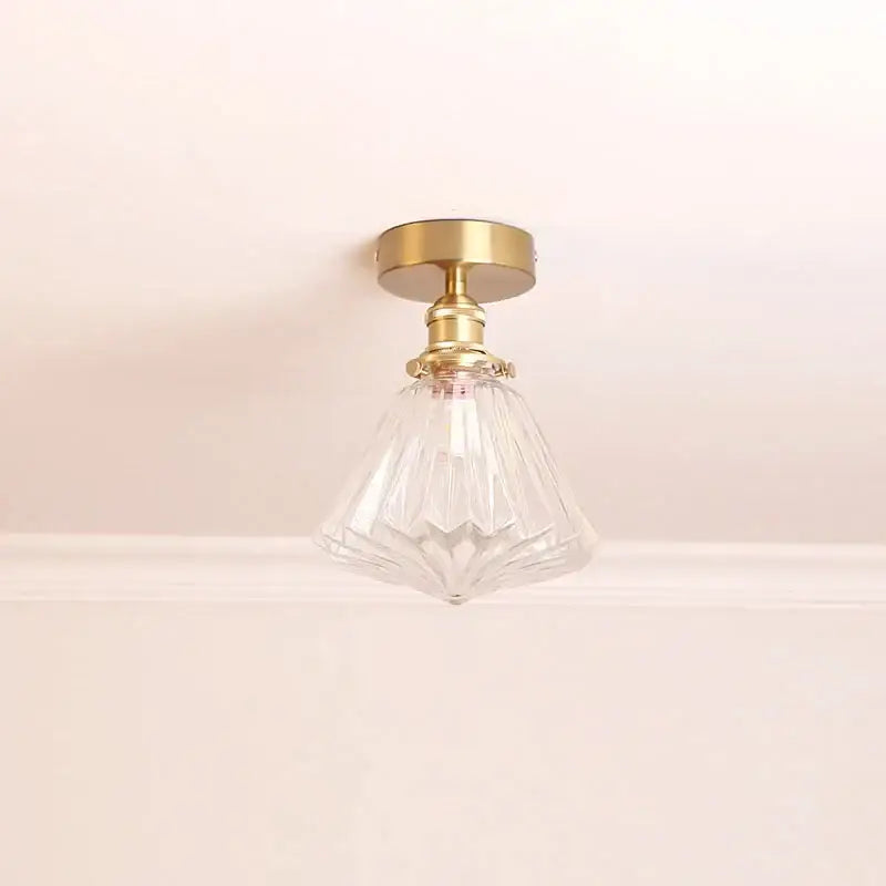 Modern nordic glass led ceiling light with diamond glass lampshade and brass finished metal base for bedroom use
