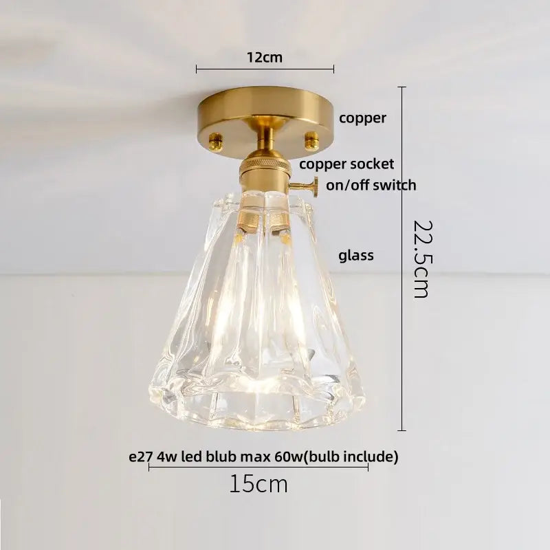 Modern nordic glass led ceiling light with diamond glass pendant and brass copper finish for bedroom lighting