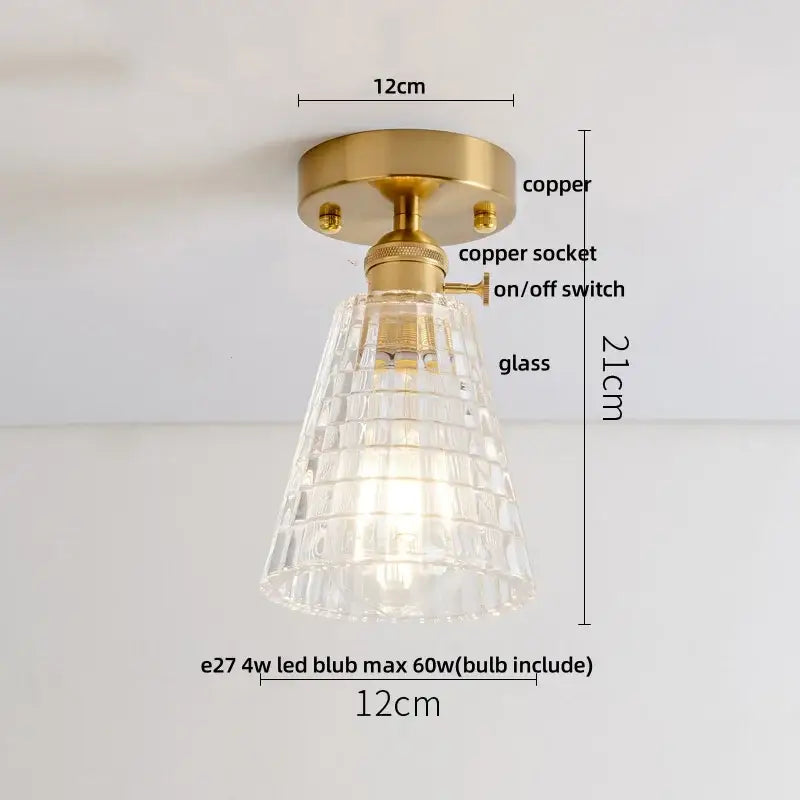 Modern nordic brass and diamond glass led ceiling light with faceted glass and copper-finished mounting base for bedroom