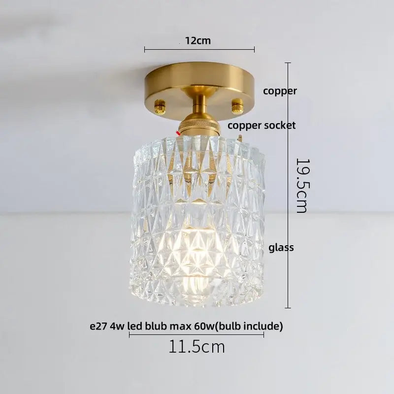 Modern nordic glass led ceiling light with diamond glass pendant and brass copper-finished mounting base for bedroom