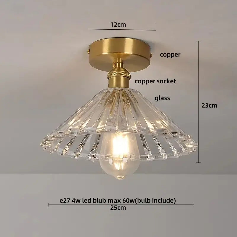 Modern nordic brass and diamond glass led ceiling light with clear faceted glass and copper-finished mounting base