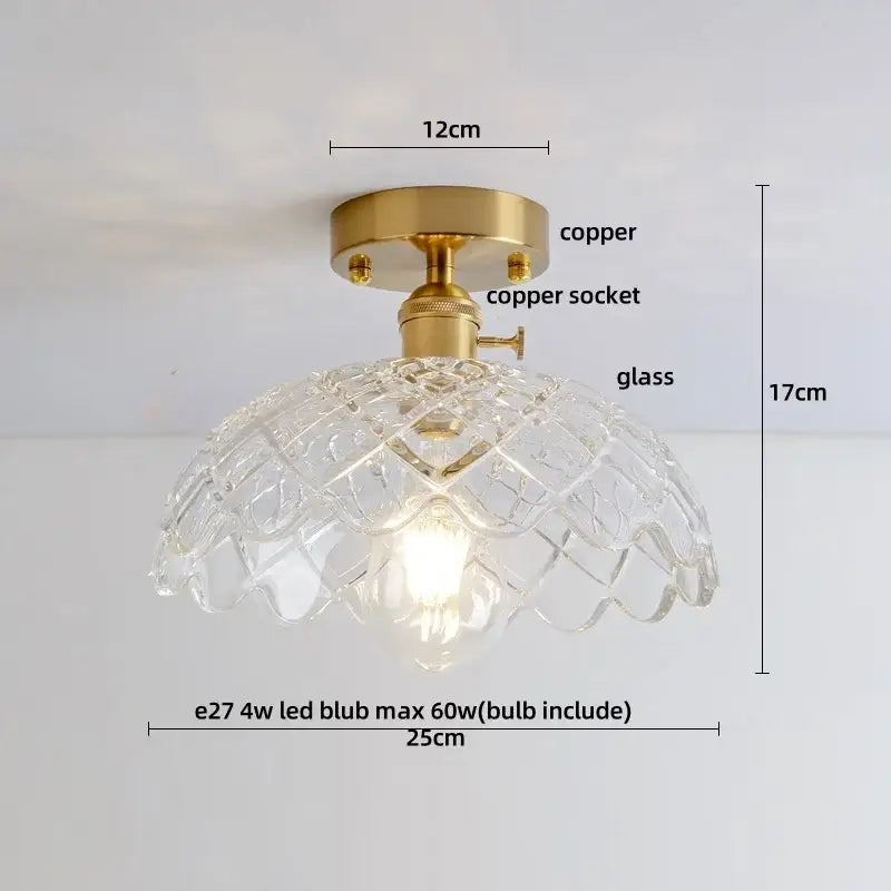 Modern nordic bedroom glass led ceiling light with diamond glass led and copper-finished mounting base and socket