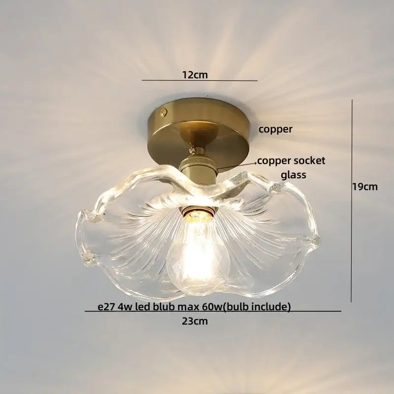 Clear hand-blown diamond glass led ceiling light with fluted design and antique brass copper base for modern nordic bedroom