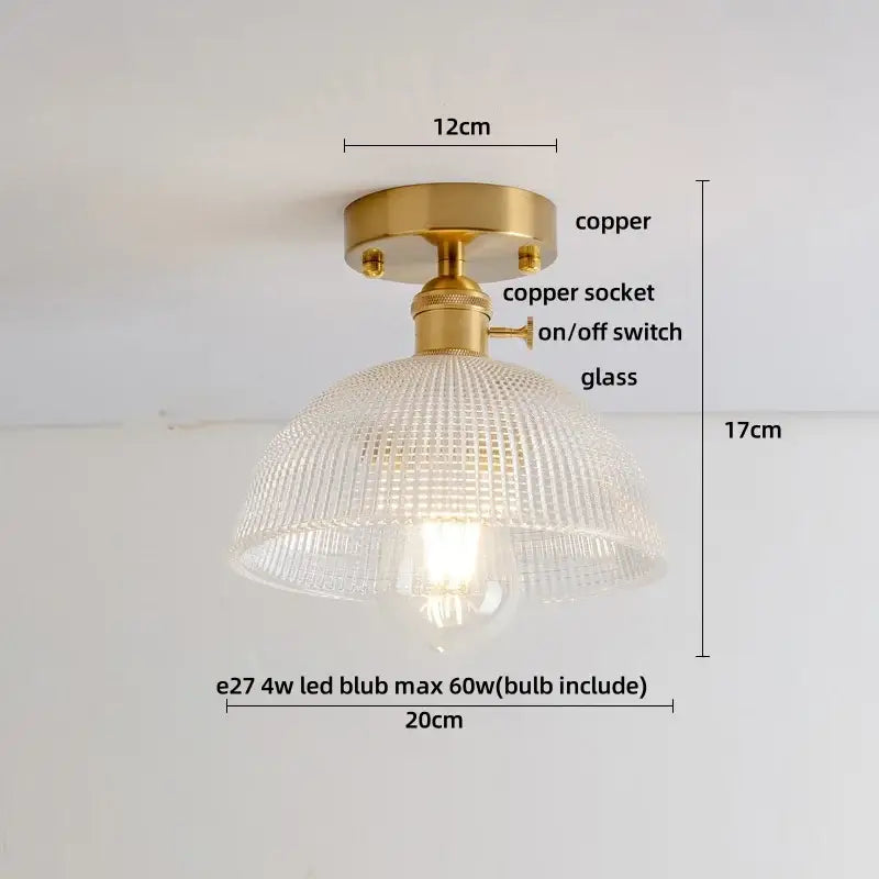 Modern nordic gold-toned brass ceiling light with diamond glass led textured shade and integrated on/off switch for bedroom