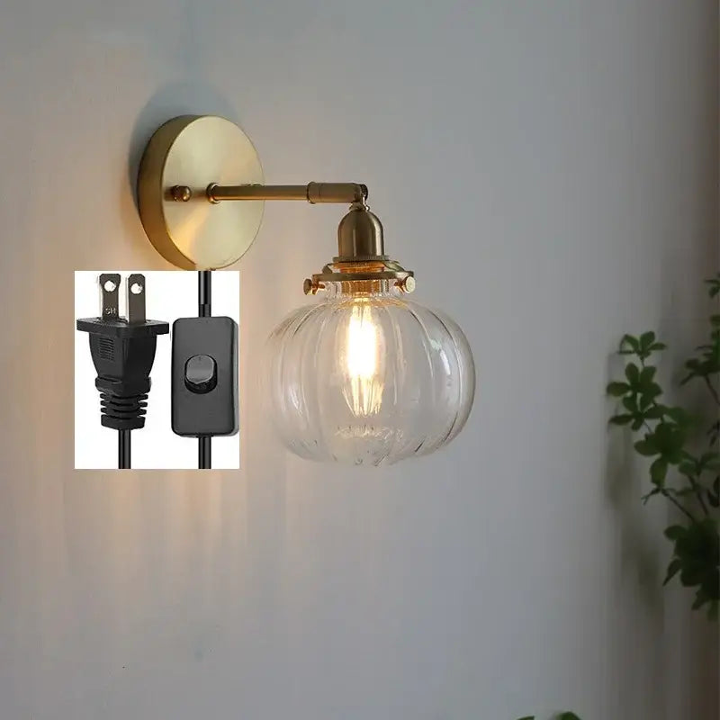Modern nordic brass glass ball wall lamp with ribbed clear glass globe and exposed filament bulb for decorbites glass ball wall decor
