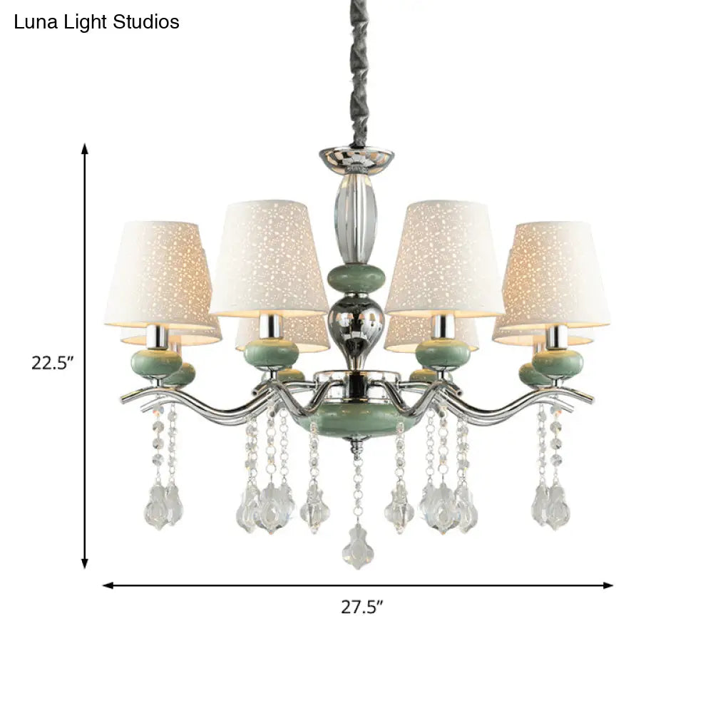 Lámpara colgante cónica nórdica moderna con 8 luces y gota de cristal - Araña verde para dormitorio