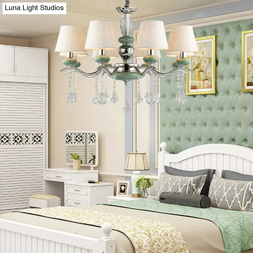 Lámpara colgante cónica nórdica moderna con 8 luces y gota de cristal - Araña verde para dormitorio