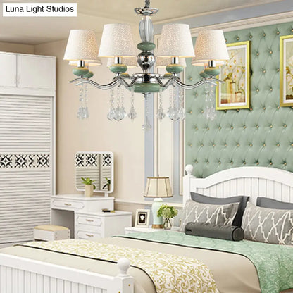 Lámpara colgante cónica nórdica moderna con 8 luces y gota de cristal - Araña verde para dormitorio