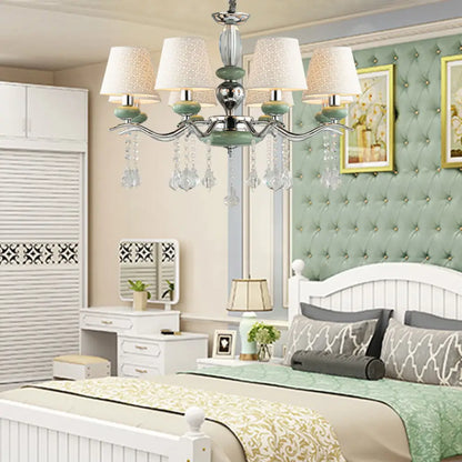 Lámpara colgante cónica nórdica moderna con 8 luces y gota de cristal - Araña verde para dormitorio