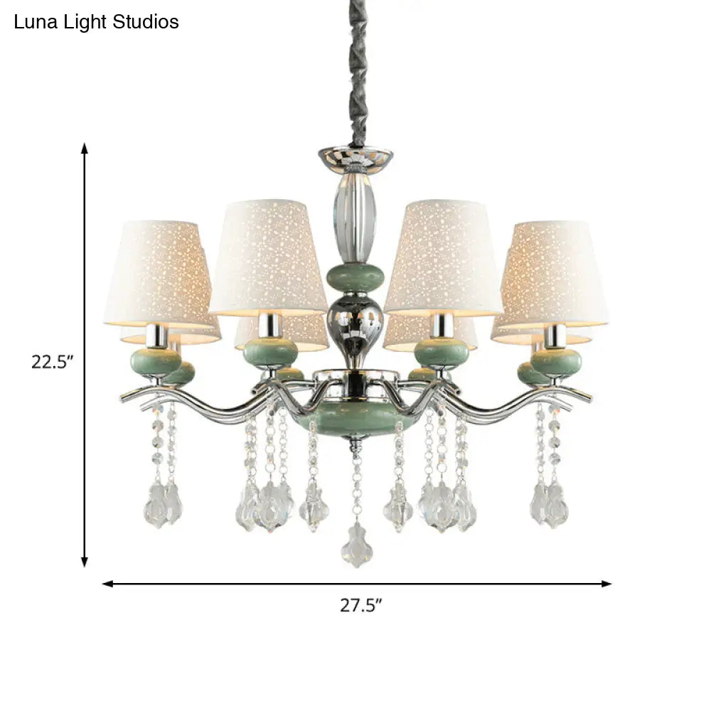 Lámpara colgante cónica nórdica moderna con 8 luces y gota de cristal - Araña verde para dormitorio