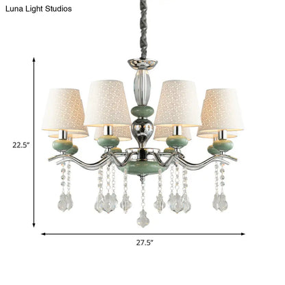 Lámpara colgante cónica nórdica moderna con 8 luces y gota de cristal - Araña verde para dormitorio