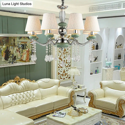 Lámpara colgante cónica nórdica moderna con 8 luces y gota de cristal - Araña verde para dormitorio