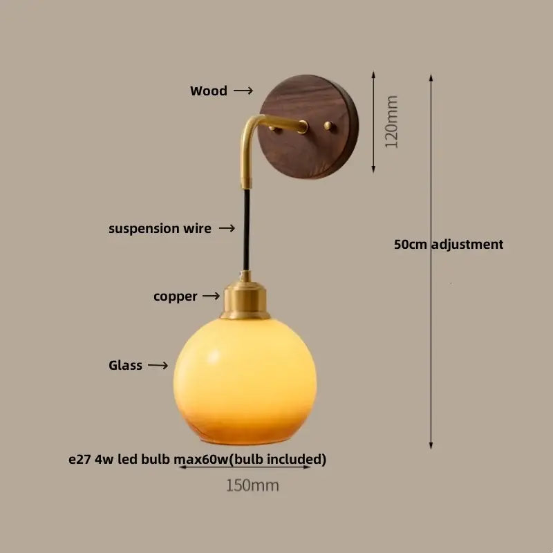 Modern nordic copper adjustable led wall light with warm yellow glass globe pendant and wooden wall mount decorbites copper adjustable