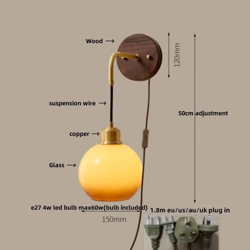 Modern nordic copper adjustable led wall light with warm yellow glass globe pendant and wooden wall mount decorbites copper adjustable