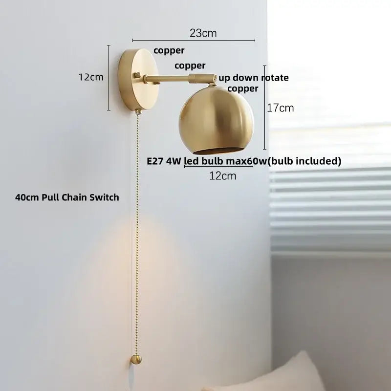 Modern nordic copper wall light brass-finished copper wall sconce with spherical shade and pull chain switch decorbites copper wall