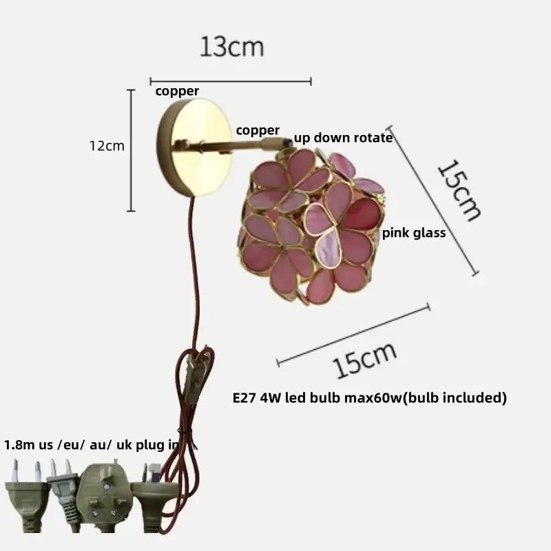Modern nordic copper wall light with floral pink glass design and adjustable arm for bedroom decorbites copper wall light