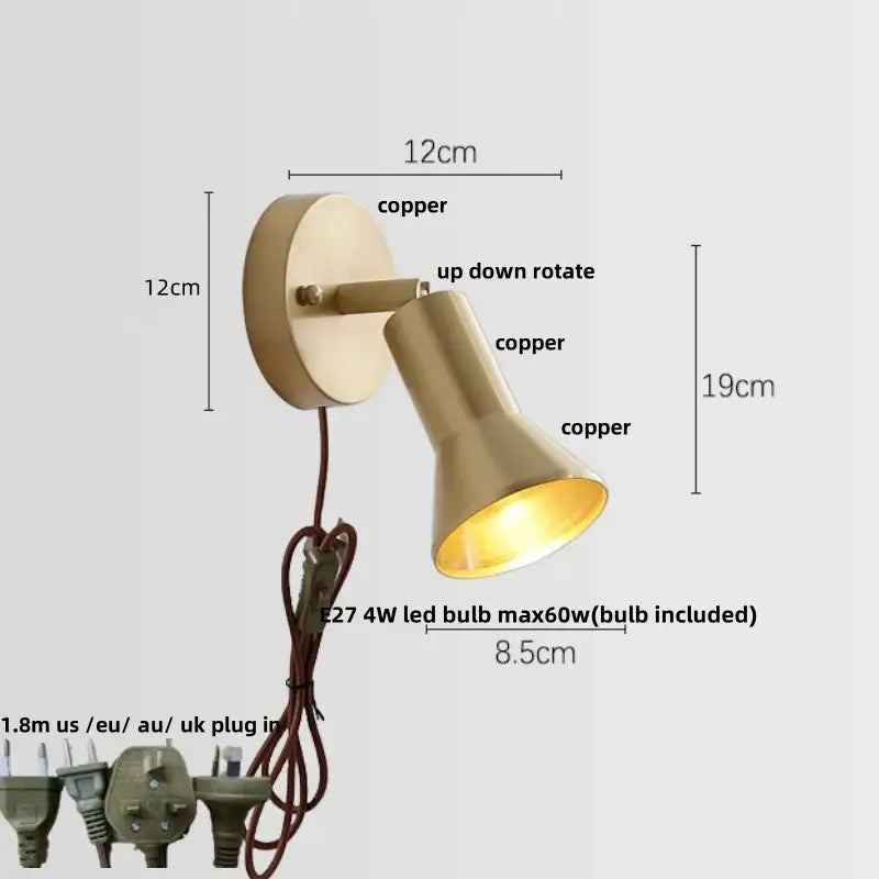 Modern nordic copper wall light with adjustable spotlight and warm e27 led bulb for bedroom decorbites copper wall light