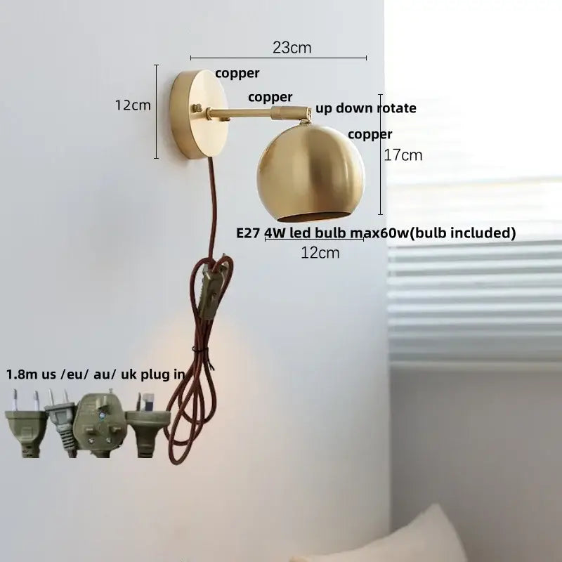 Modern nordic copper wall light with brass finish, spherical shade, adjustable arm, and pull chain switch for bedroom decorbites copper wall light