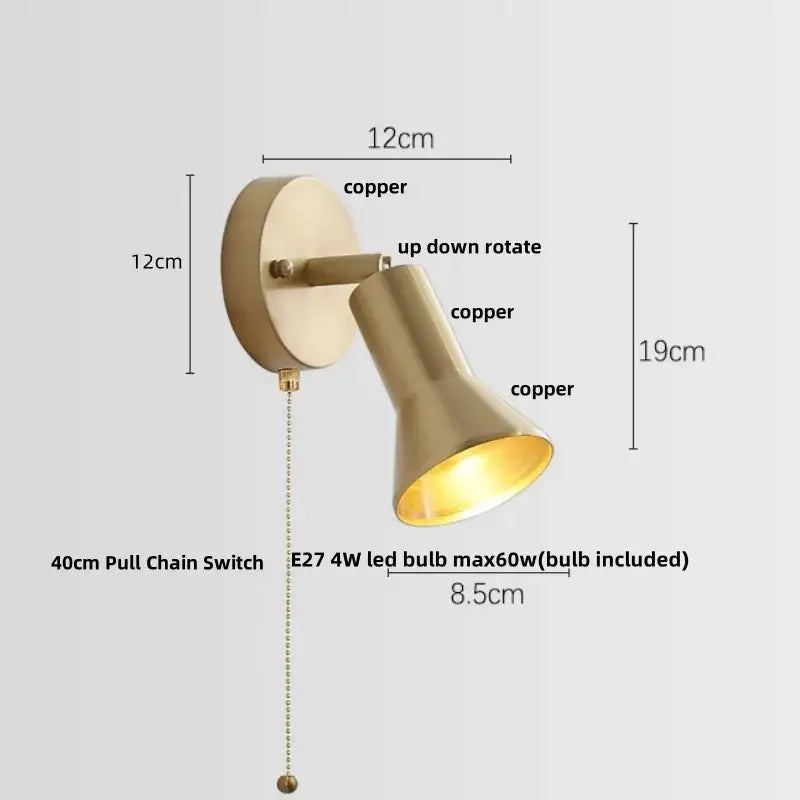 Modern nordic copper wall light with adjustable spotlight and 40cm pull chain switch by decorbites copper wall light