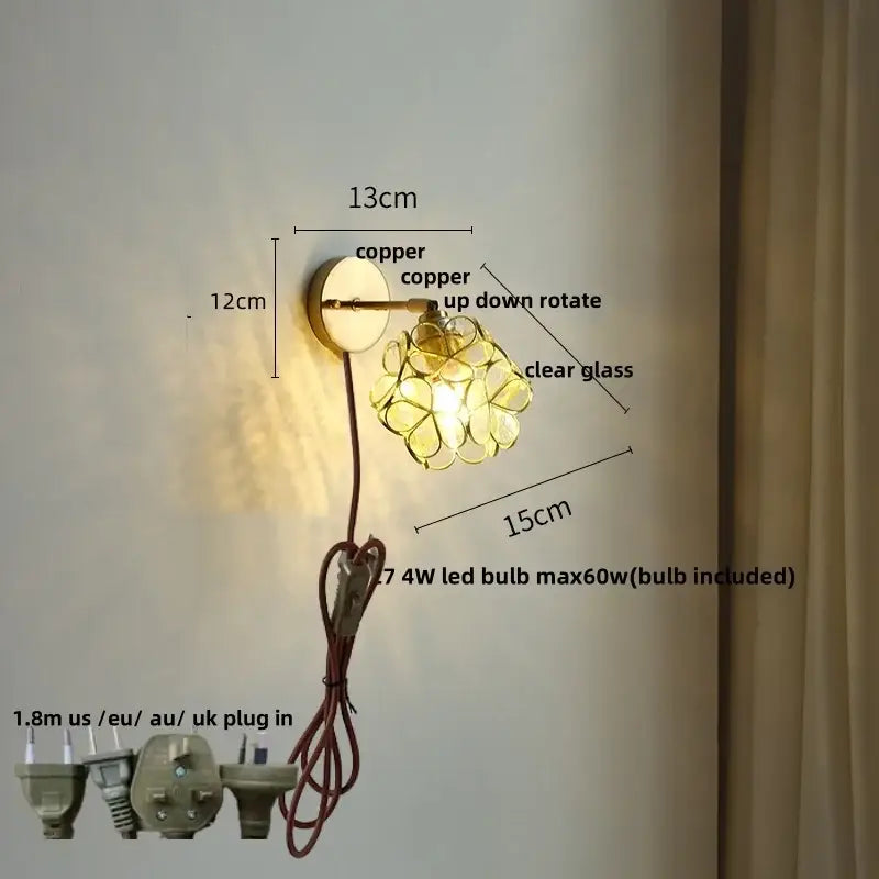 Modern nordic decorbites copper wall light with clear glass flower shade and adjustable rotate arm for bedroom sconce use