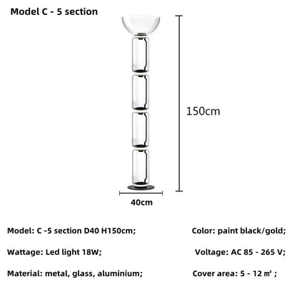 Modern nordic floor lamp with five stacked glass shade led sections and black gold metal frame for living room lighting