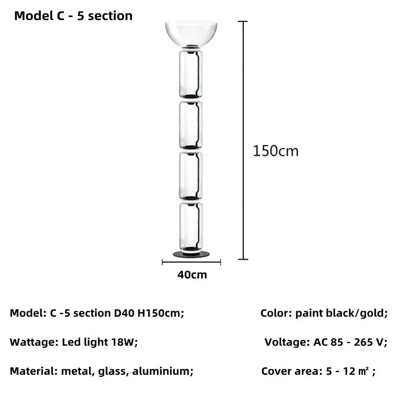 Modern nordic floor lamp with five stacked glass shade led sections and black gold metal frame for living room lighting