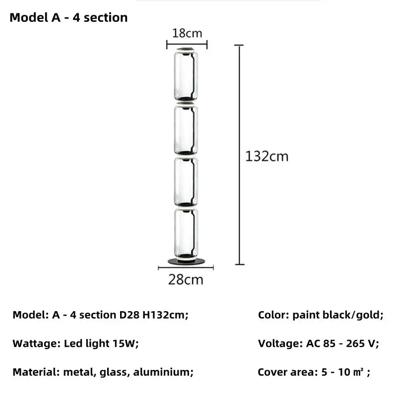 Modern nordic floor lamp with four stacked glass shade led tiers and black and gold metal frame, 132cm tall
