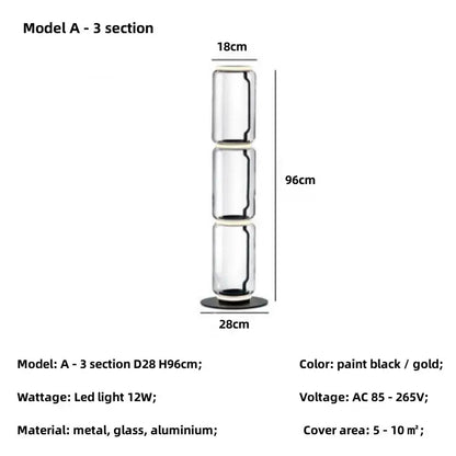 Modern nordic floor lamp with three black gold metal tiers and transparent glass shade led cylinders for living room
