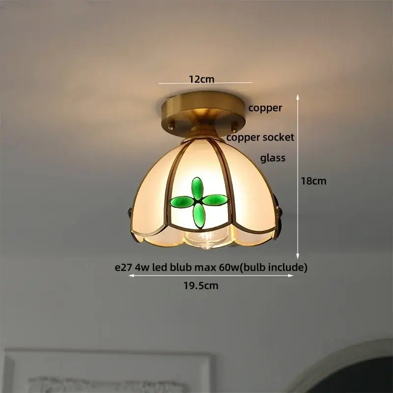 Modern nordic flower led ceiling light with copper base and green glass flower led shade for bedroom lighting