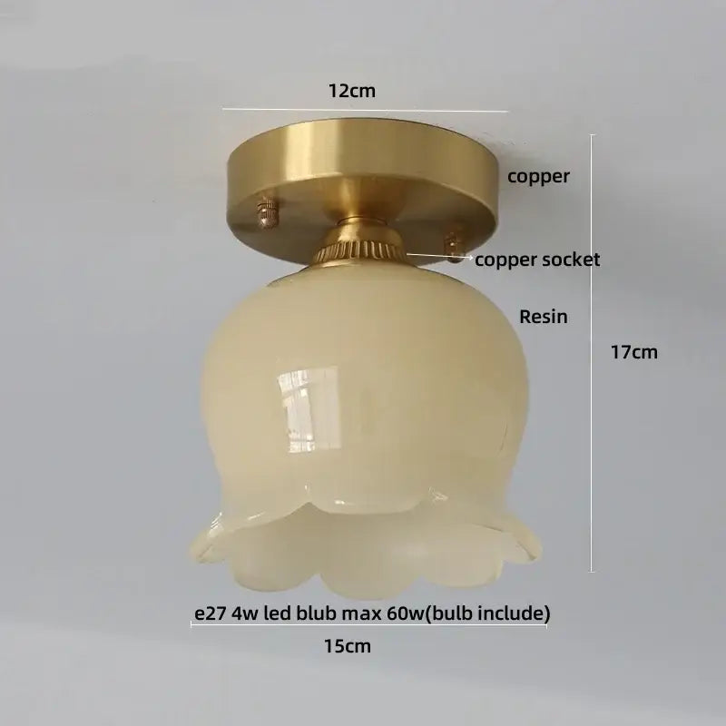 Modern nordic flower led ceiling light with brass copper base and off-white resin scalloped lampshade for bedroom