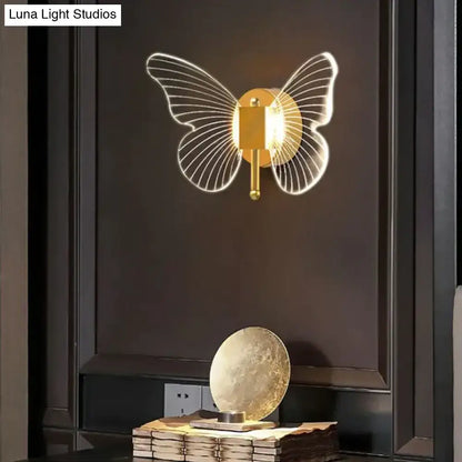 Modern nordic gold led butterfly wall lamp with gold-toned copper led butterfly design and illuminated translucent wings