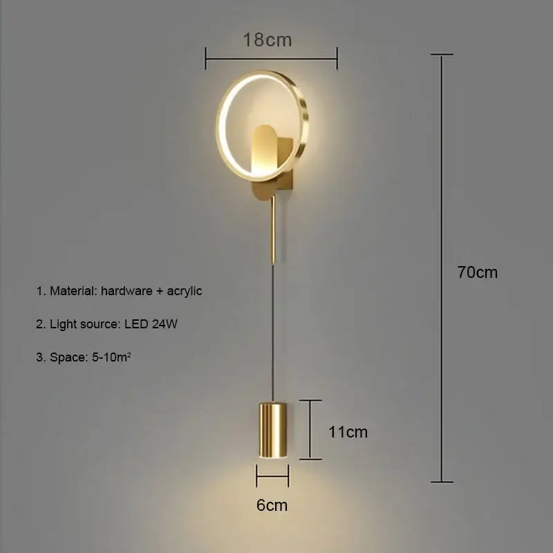 Modern nordic gold led wall light with a sleek acrylic ring and cylindrical pendant illuminated by a 24w led wall lamp decorbites gold led
